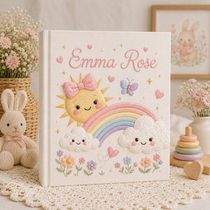 Personalized hand embroidered photo album featuring a smiling sun with bow, pastel rainbow, fluffy clouds, butterflies, and flowers on a premium linen cover customized with a baby name
