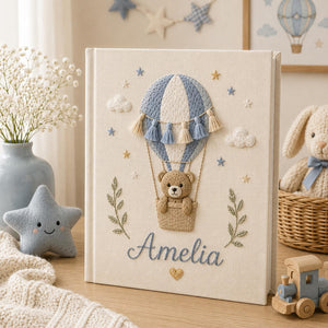 Personalized hand embroidered baby photo album with teddy bear in boho hot air balloon and tassel embroidery