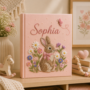 Personalized hand embroidered photo album featuring a bunny with pink bow surrounded by colorful spring flowers and butterfly on a pink linen cover