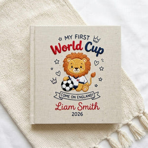 Personalized hand embroidered photo album featuring a cute soccer lion with football and First World Cup theme customized with baby name