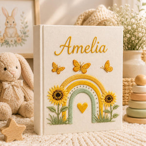 Personalized rainbow hand embroidered photo album with butterflies and sunflowers for baby keepsake gift