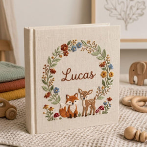 Personalized woodland fox and deer embroidered baby photo album with floral wreath and custom name on linen cover