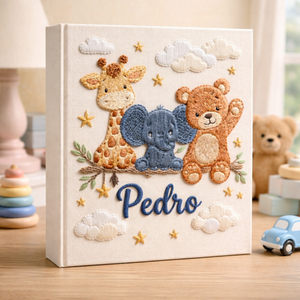 Personalized hand embroidered photo album featuring safari animals including giraffe, elephant, zebra, lion, and bear on a linen cover