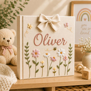 Personalized floral hand embroidered baby photo album with butterflies flowers and fabric bow