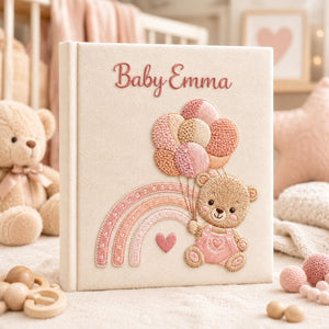 Personalized teddy bear hand embroidered photo album with pastel rainbow and balloon nursery design