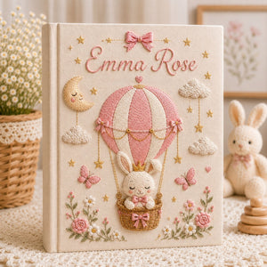 Personalized hand embroidered photo album featuring a crowned bunny in an elegant balloon basket beneath a sleepy crescent moon with hanging stars, butterflies, clouds, flowers, and custom name embroidery on a premium linen cover
