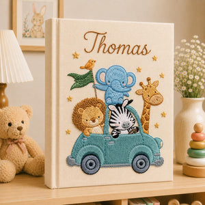 Personalized safari animals hand embroidered photo album with elephant lion zebra giraffe and vintage car design