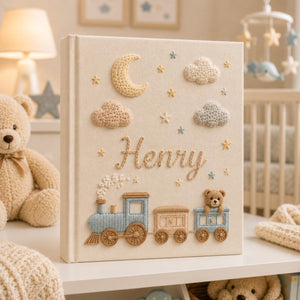 Personalized train hand embroidered photo album with teddy bear moon clouds and stars nursery design