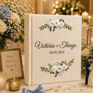 Personalized hand embroidered wedding photo album with white floral embroidery custom names and wedding date on linen cover