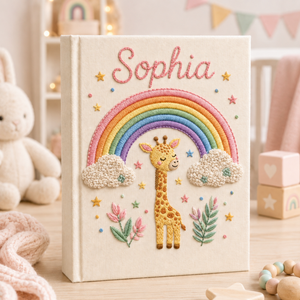 Personalized hand embroidered photo album featuring a pastel giraffe under a rainbow with clouds stars and nursery themed embroidery