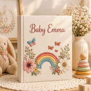 Personalized hand embroidered baby photo album with pastel rainbow, flowers, and butterflies