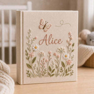 Personalized wildflower butterfly hand embroidered baby photo album with floral botanical design on linen cover
