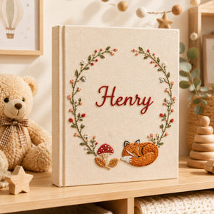 Personalized woodland fox hand embroidered photo album with floral wreath and mushroom details for baby keepsake gift