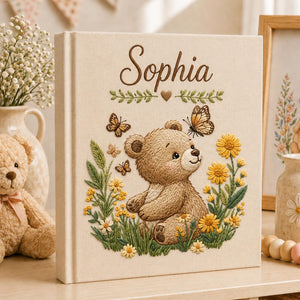 Personalized embroidered baby photo album with teddy bear yellow flowers butterflies and woodland garden design