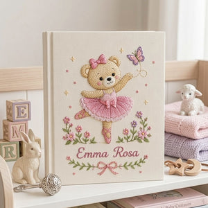 Personalized hand embroidered photo album featuring a ballerina teddy bear in a pink tutu dancing with a butterfly and floral accents