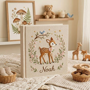 Personalized woodland deer hand embroidered baby photo album with floral forest nursery design on linen cover