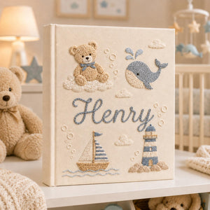Personalized hand embroidered baby photo album with whale, lighthouse, sailboat, and teddy bear nautical embroidery