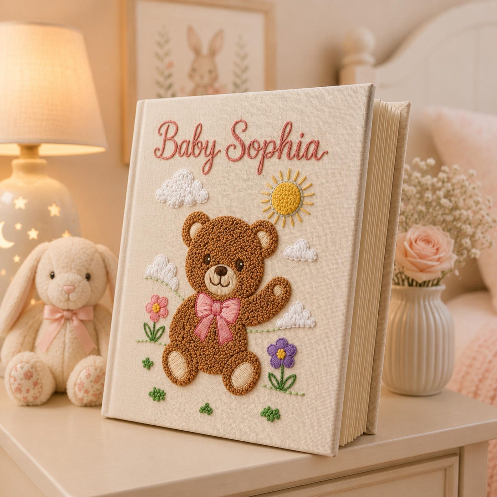 Personalized embroidered baby photo album with teddy bear, sunshine, clouds, and pastel flowers nursery design