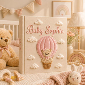 Personalized teddy bear hot air balloon hand embroidered photo album with pastel pink nursery design