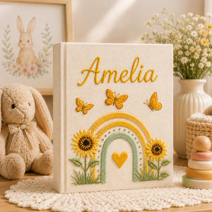 Personalized rainbow hand embroidered photo album with butterflies and sunflowers for baby keepsake gift