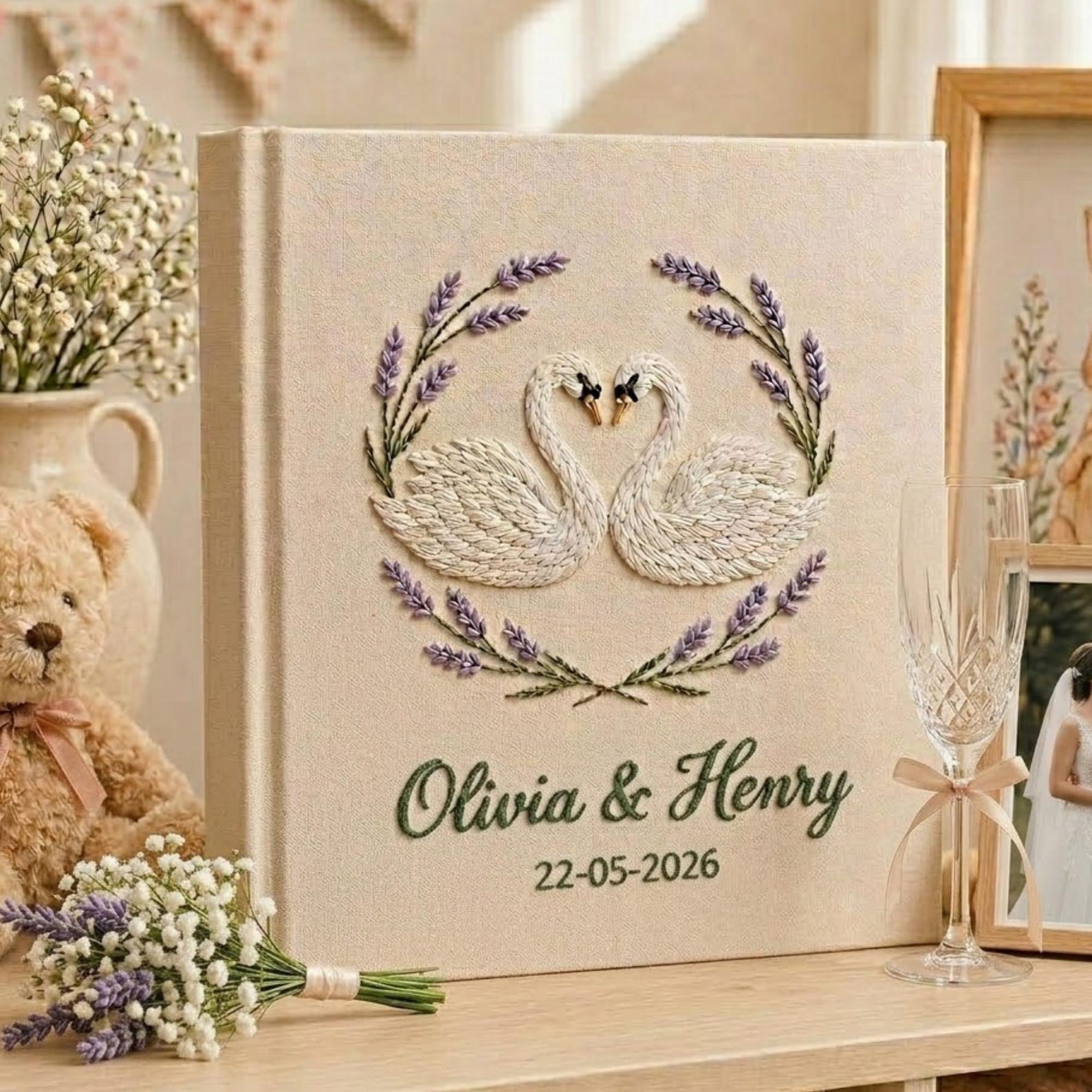 Personalized embroidered wedding photo album with swan embroidery, lavender wreath, custom names, wedding date, and linen hardcover design