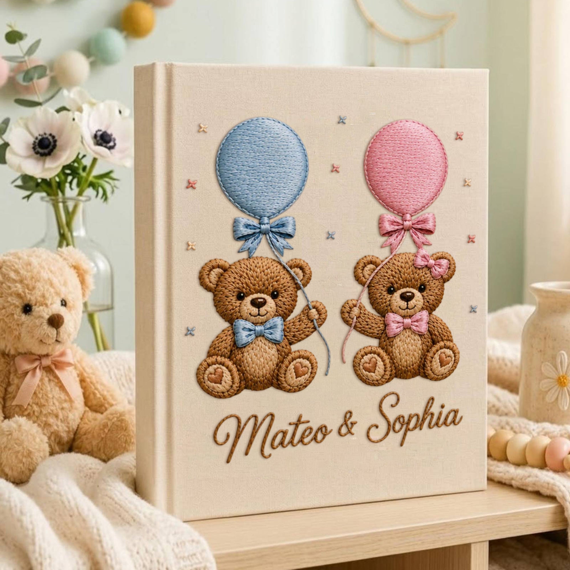 Personalized hand embroidered teddy bear photo album with pastel balloons custom baby keepsake memory book