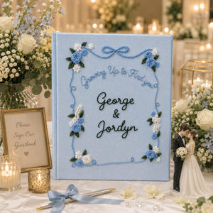 Personalized wedding photo album with blue floral embroidery ribbon border custom couple names and linen fabric cover
