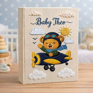 Personalized hand embroidered photo album featuring a teddy bear pilot flying a vintage airplane with clouds and stars