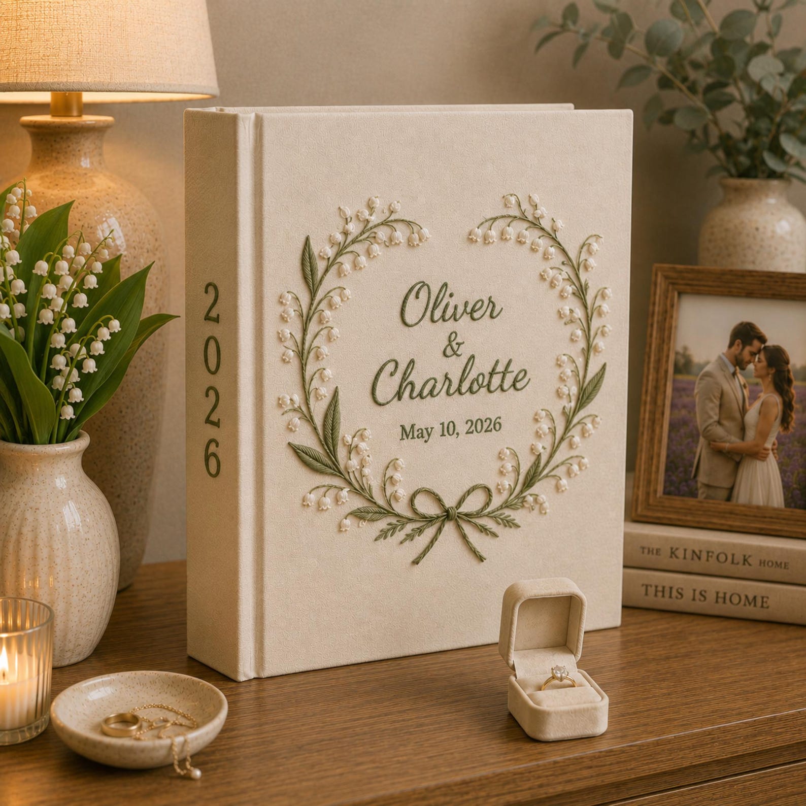 Personalized embroidered wedding photo album with lily of the valley floral wreath embroidery, custom couple names, wedding date, and elegant linen hardcover design