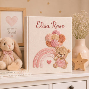 Personalized teddy bear hand embroidered photo album with pastel rainbow and balloon nursery design