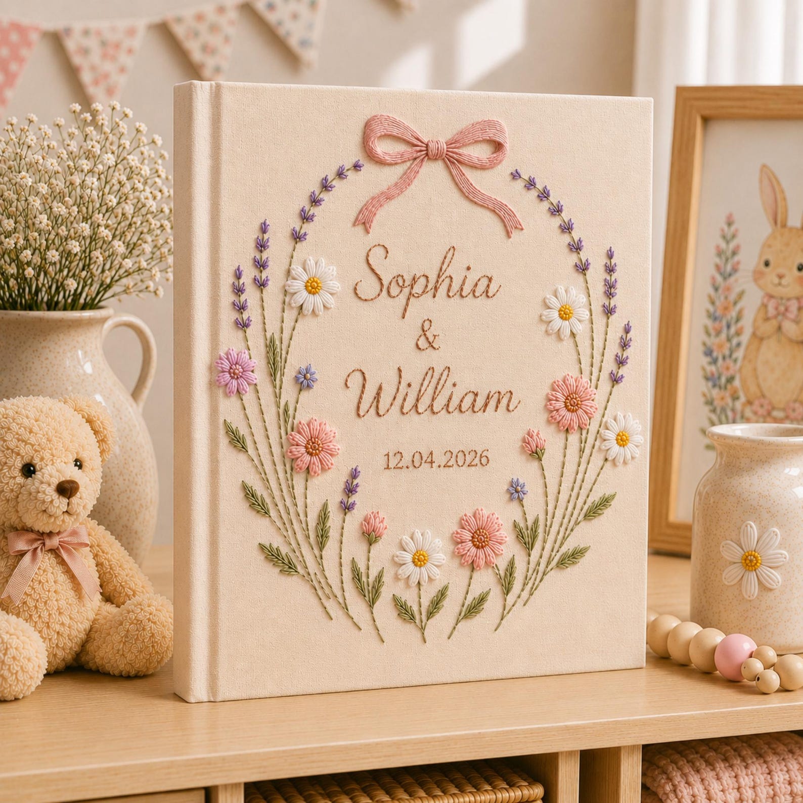Custom botanical embroidered wedding photo albums with lavender flowers, butterflies, ribbon bows, and personalized couple names on linen covers