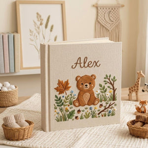 Personalized woodland teddy bear hand embroidered baby photo album with floral forest design on linen cover