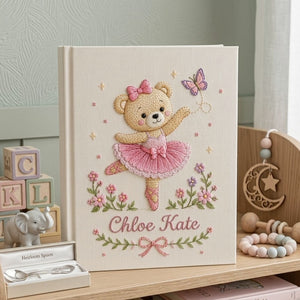 Personalized hand embroidered photo album featuring a ballerina teddy bear in a pink tutu dancing with a butterfly and floral accents