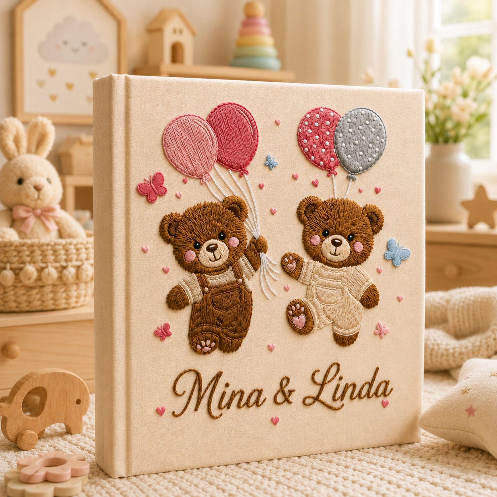 Personalized twin teddy bear hand embroidered photo album with pastel balloons and butterfly nursery design