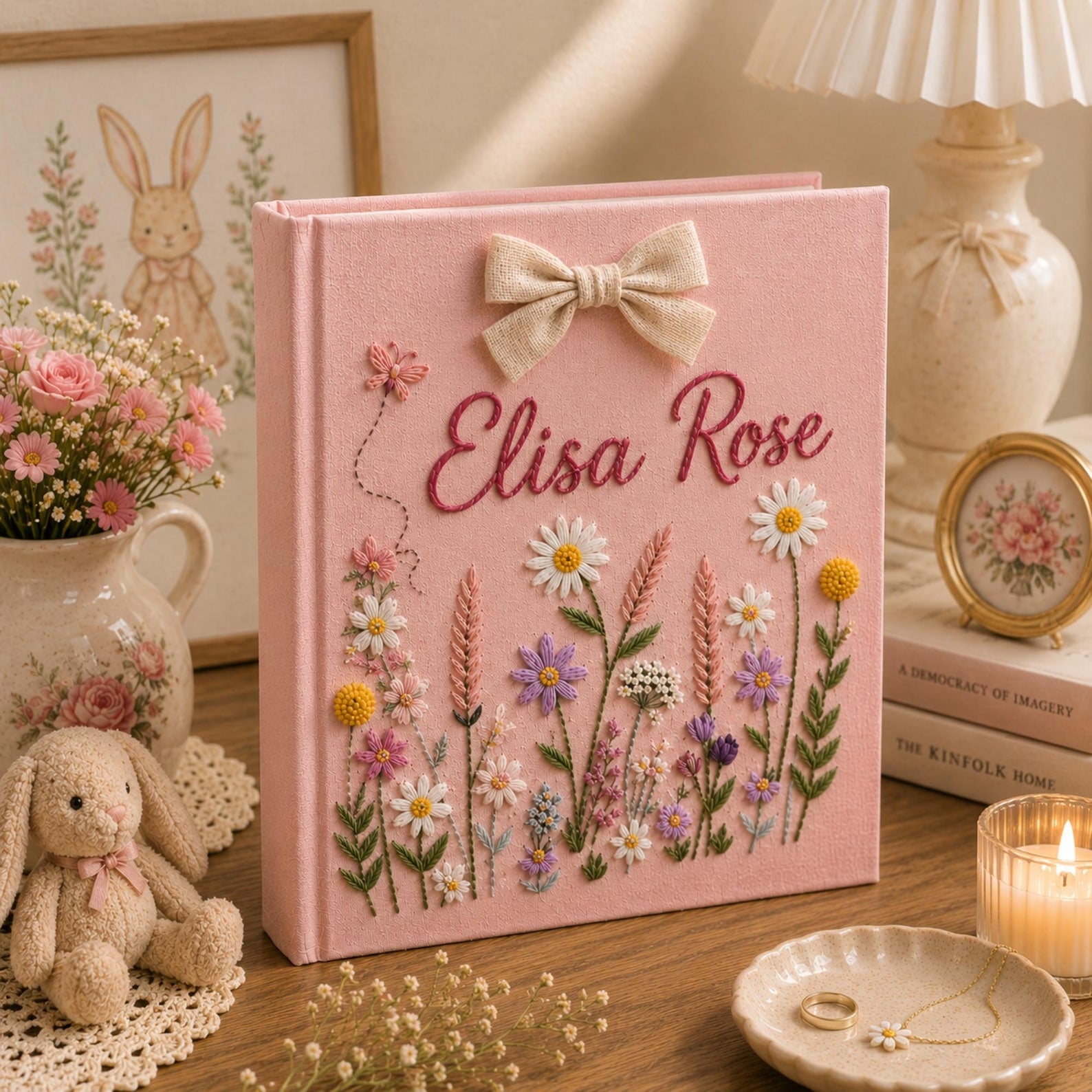 Personalized pink embroidered baby photo album with wildflower meadow design and decorative linen bow