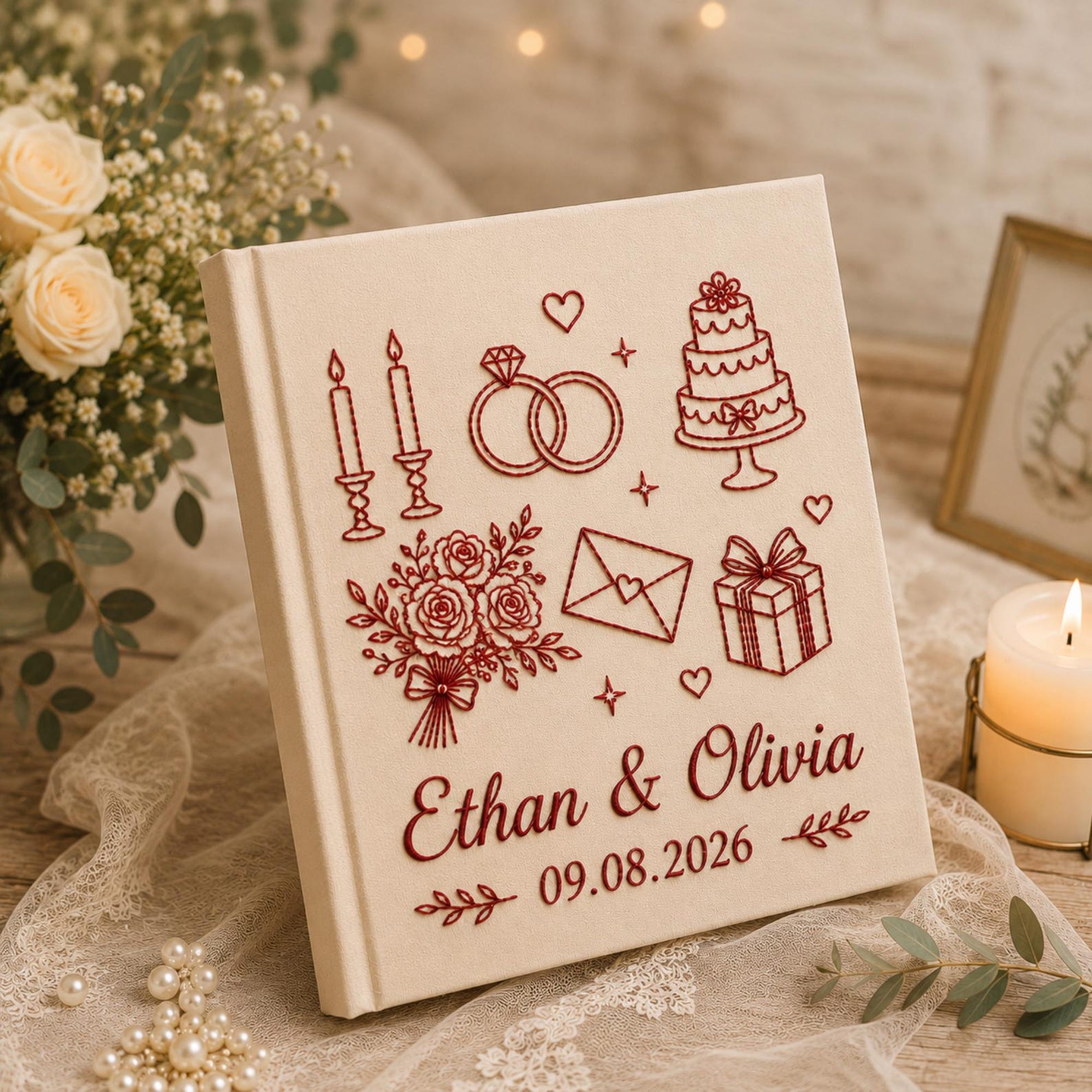 Personalized embroidered wedding photo album with wedding rings, cake, candles, flowers, custom names, and wedding date on linen hardcover