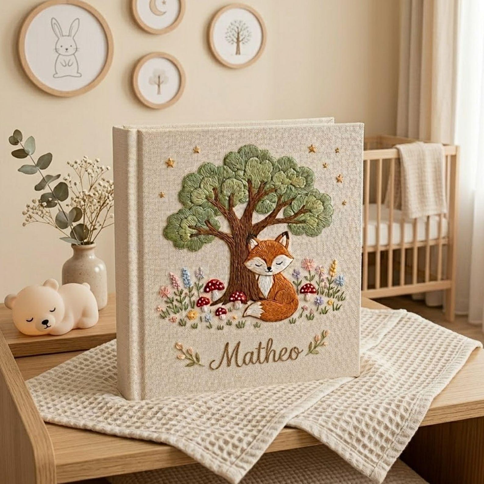 Personalized woodland fox hand embroidered baby photo album with forest tree and mushroom nursery design on linen cover