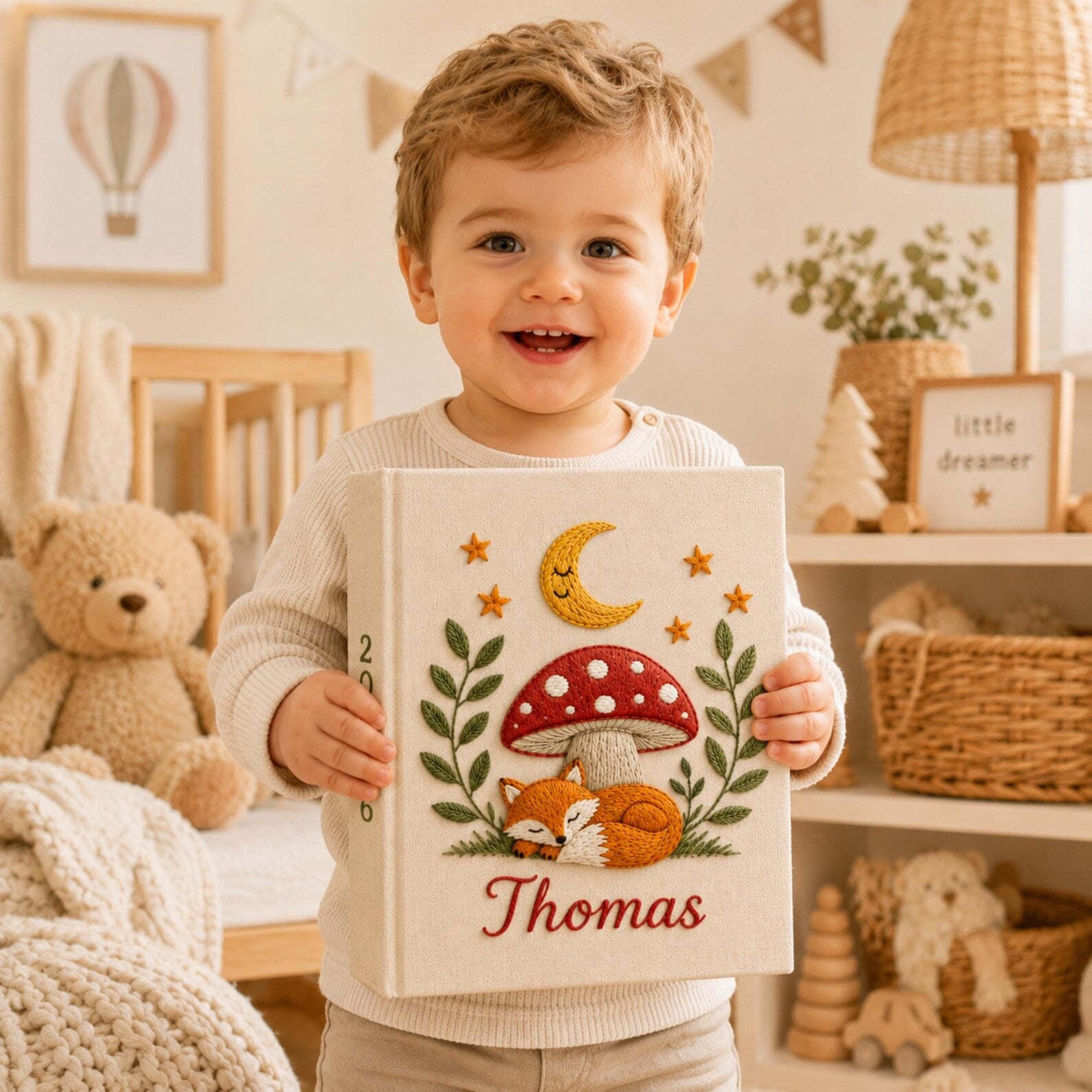 Personalized woodland fox hand embroidered photo album with mushroom moon and stars nursery keepsake design