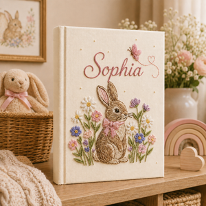Personalized hand embroidered photo album featuring a bunny with pink bow surrounded by colorful spring flowers and butterfly on a pink linen cover