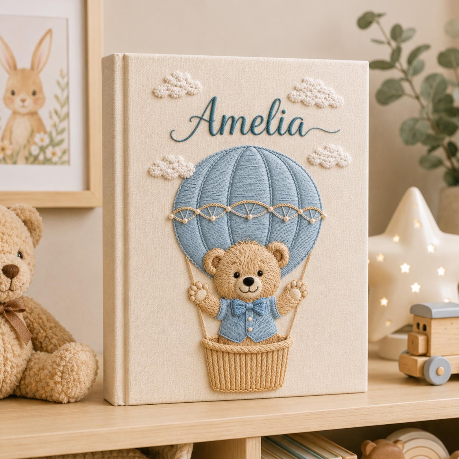 Personalized hand embroidered baby photo album with teddy bear in blue hot air balloon