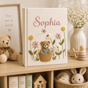 Personalized embroidered baby photo album with teddy bear basket floral garden and butterfly details