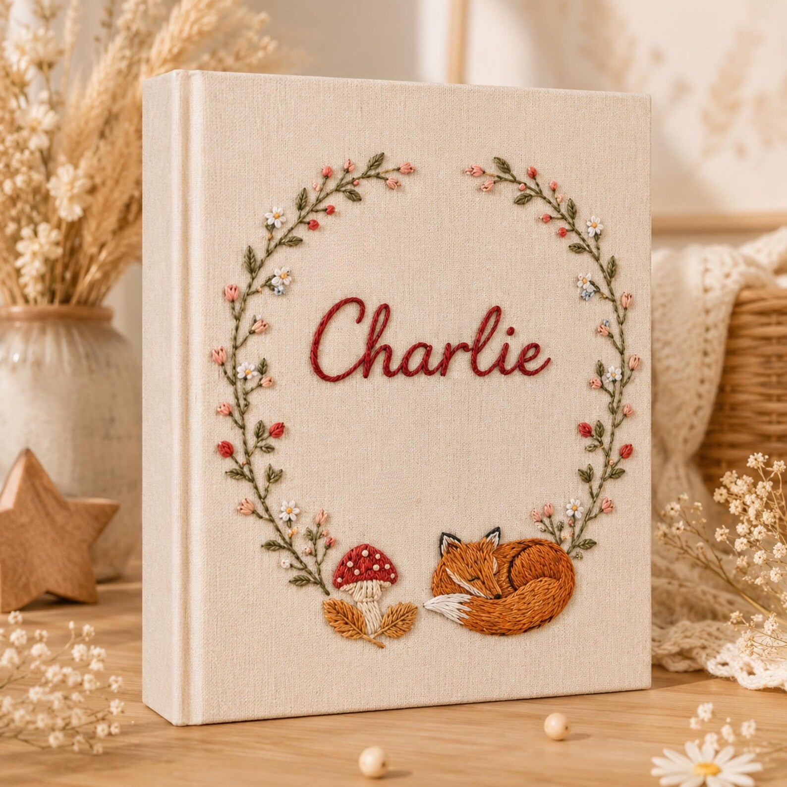 Personalized woodland fox hand embroidered photo album with floral wreath and mushroom details for baby keepsake gift