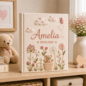 Personalized hand embroidered baby girl photo album with pink flowers clouds butterflies and teddy bear