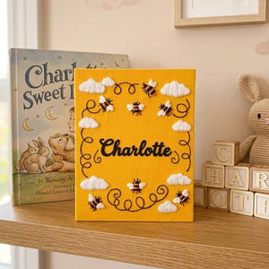 Personalized bee theme hand embroidered baby photo album with honey bee nursery design on yellow linen cover