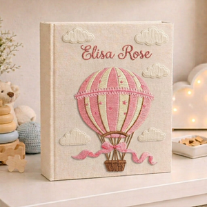 Personalized hand embroidered photo album with pink hot air balloon design, custom baby girl memory book keepsake gift