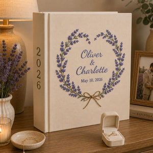 Personalized lavender embroidered wedding photo album with custom names, wedding date, floral wreath embroidery, and linen hardcover design