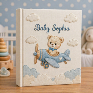Personalized hand embroidered photo album featuring a vintage aviator teddy bear flying a classic airplane with balloon and banner details