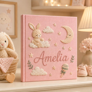 Personalized bunny hand embroidered photo album with moon clouds and stars nursery keepsake design