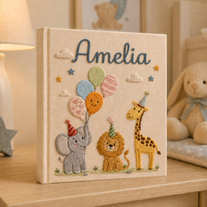 Personalized safari animal hand embroidered photo album with elephant lion giraffe and balloons nursery design