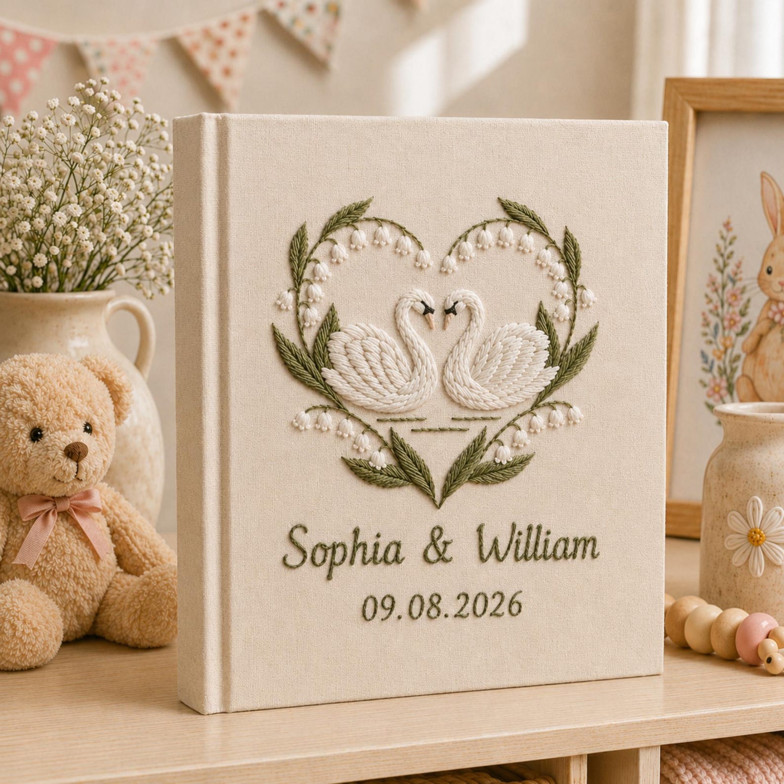 Personalized embroidered wedding photo album with swan heart embroidery, botanical wreath, custom names, wedding date, and linen hardcover design